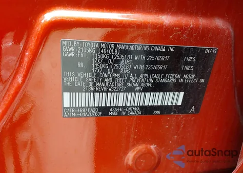 2015 Toyota Rav4 Xle из США, поврежденный, VIN 2T3RFREV8FW322727